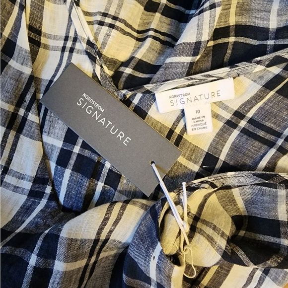 Nordstrom Signature Navy/White Plaid Faux Wrap Linen Dress Size 10 - Picture 9 of 11